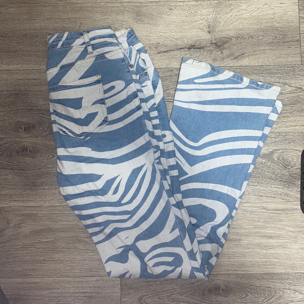 Shein, blue and white flare jeans, barely worn